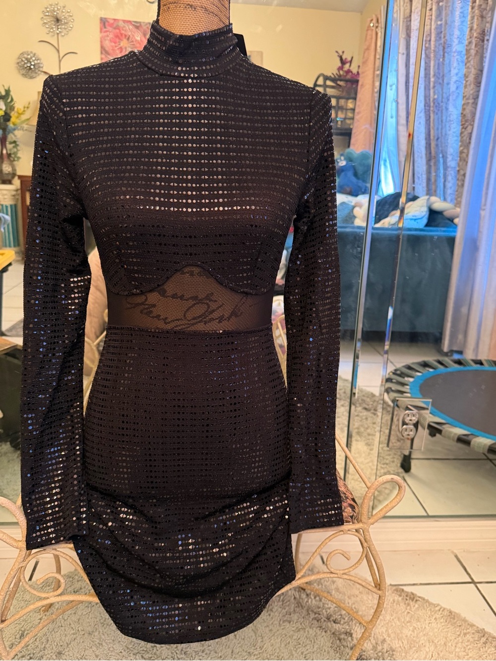 Fashion Nova Black Long Sleeve Sequin Mesh Waist Bodycon Dress